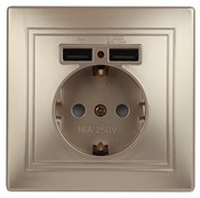 Intro Розетка Plano 1-410-04 с заземлением 2P+E Schuko со шторками, 16А-250В + 2хUSB 5В-2,1А, IP20, СУ, шампань Б0053945
