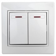Intro 1Э-105-01 Выключатель двойной с подсветкой, 10А-250В, СУ, б.л., Plano, белый (10/200/2400) Б0038826