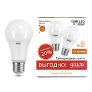 Gauss Лампа Elementary A60 12W 3000K E27 (2 лампы в упаковке) LED 1/50 23212P